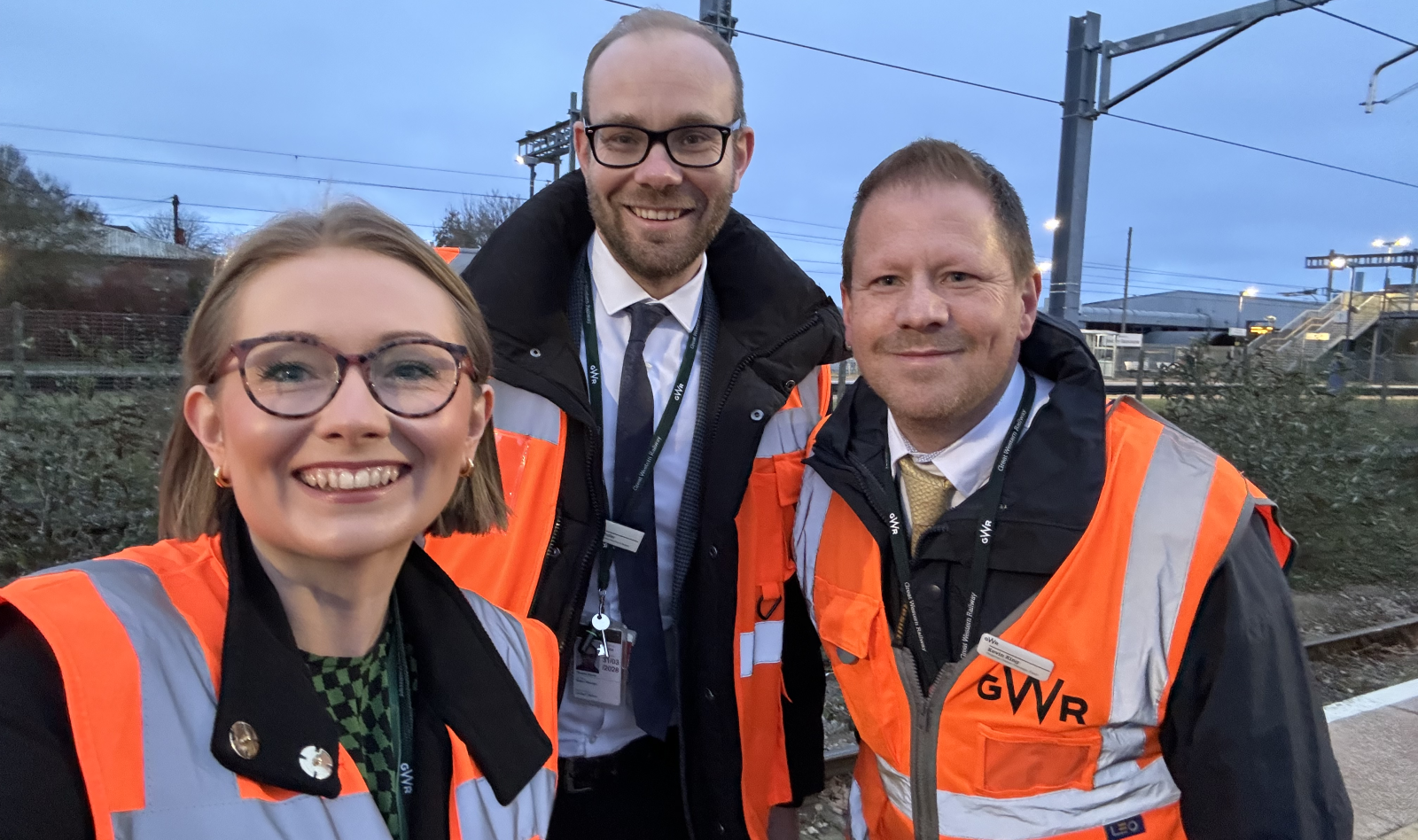 Eleanor Wills and two men in high vis